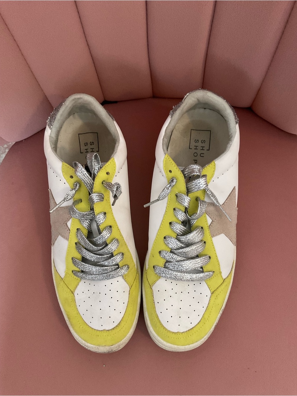 ShuShop White Sneakers with Yellow Accents and Silver Laces